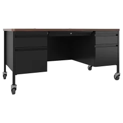 Lorell® Fortress 60"W Double-Pedestal Mobile Teacher's Computer Desk, Black/Walnut