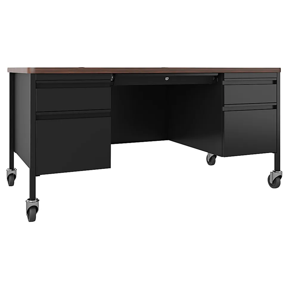 Lorell® Fortress 60"W Double-Pedestal Mobile Teacher's Computer Desk, Black/Walnut
