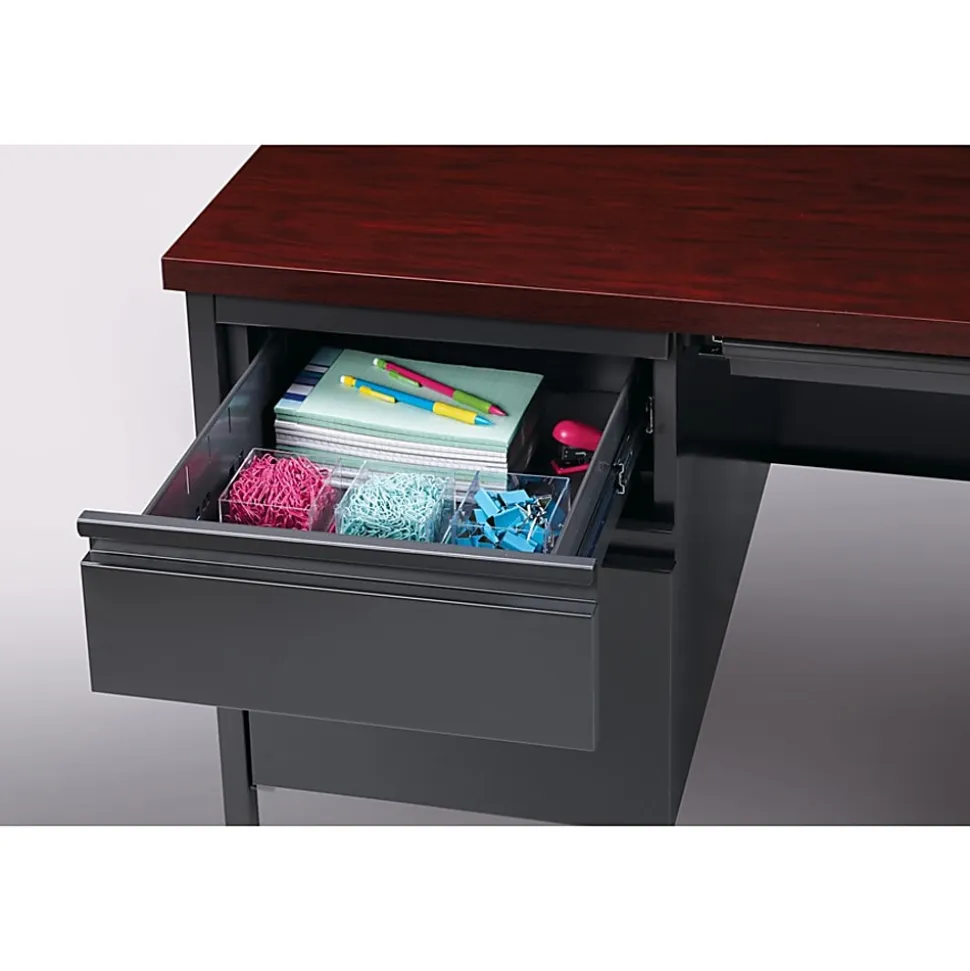 Lorell® Fortress 66"W Steel Pedestal Computer Desk, Left-Hand, Charcoal/Mahogany