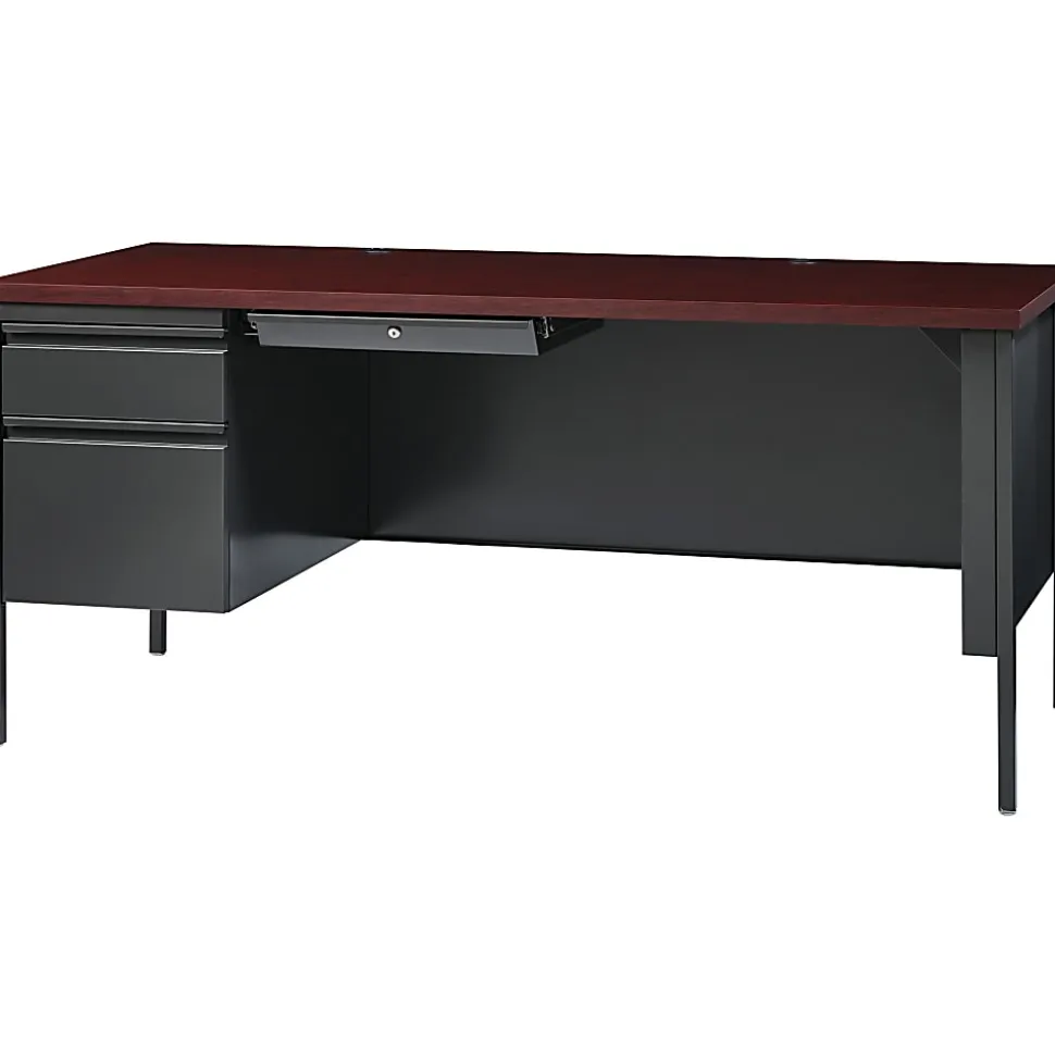 Lorell® Fortress 66"W Steel Pedestal Computer Desk, Left-Hand, Charcoal/Mahogany
