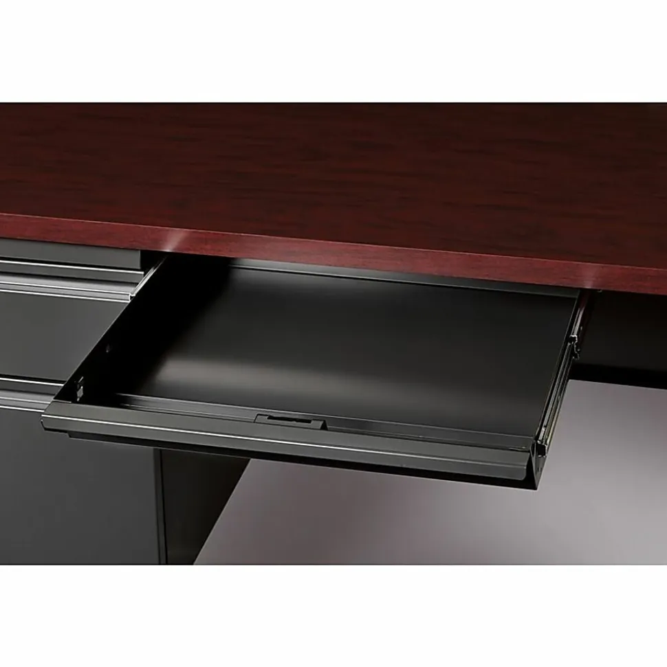 Lorell® Fortress 66"W Steel Pedestal Computer Desk, Left-Hand, Charcoal/Mahogany