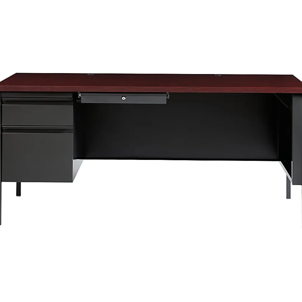 Lorell® Fortress 66"W Steel Pedestal Computer Desk, Left-Hand, Charcoal/Mahogany