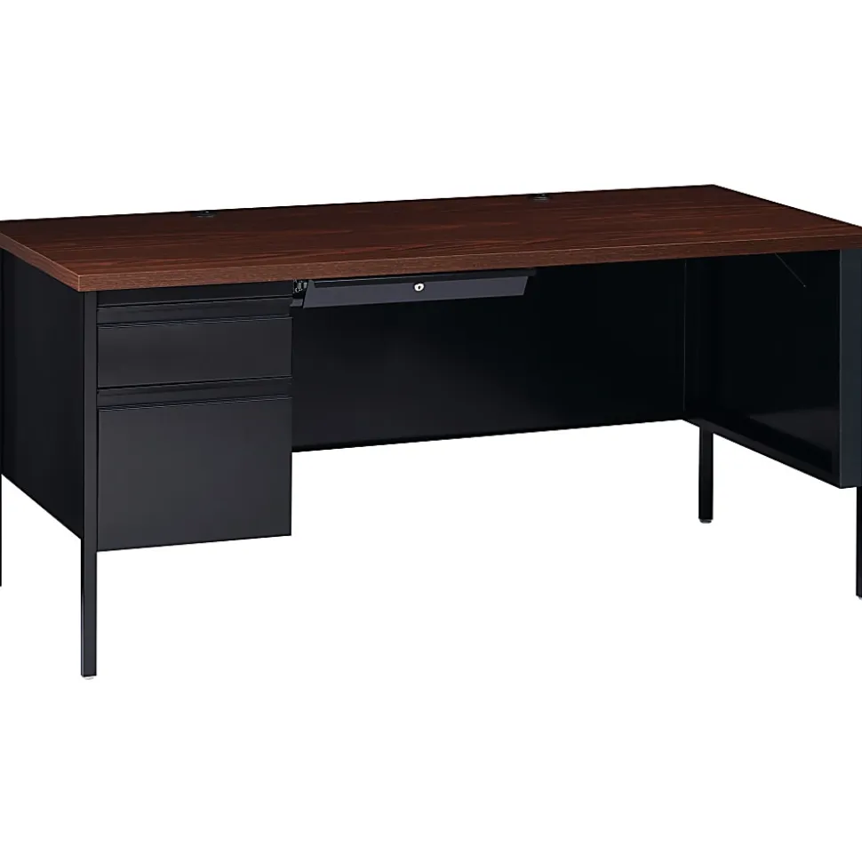 Lorell® Fortress 66"W Steel Pedestal Computer Desk, Left, Black/Walnut
