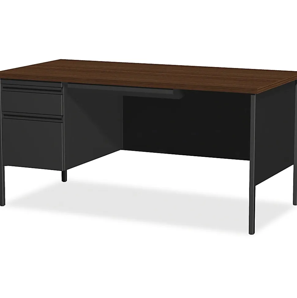Lorell® Fortress 66"W Steel Pedestal Computer Desk, Left, Black/Walnut