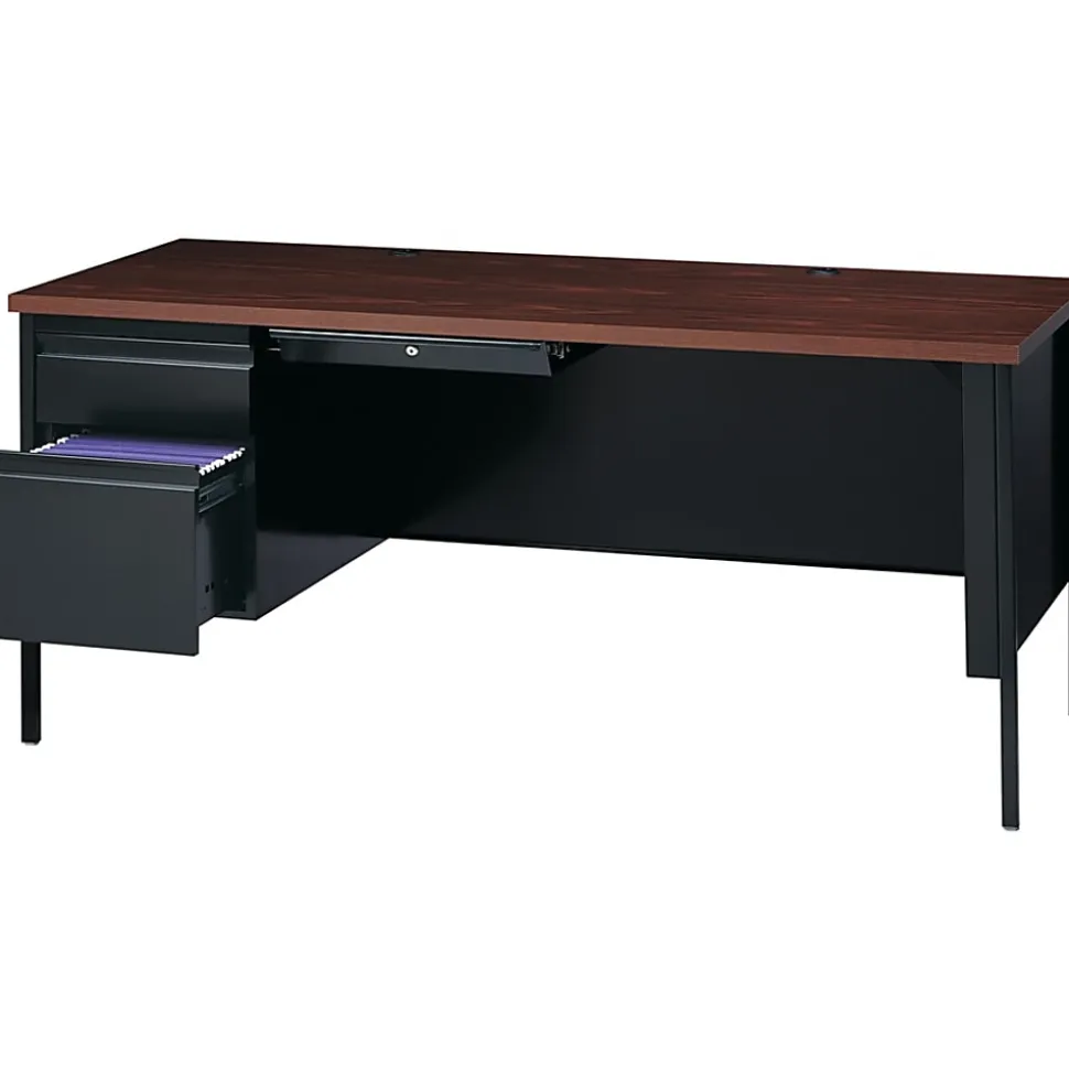 Lorell® Fortress 66"W Steel Pedestal Computer Desk, Left, Black/Walnut