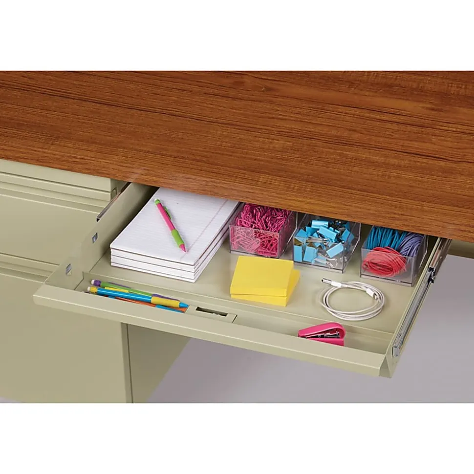 Lorell® Fortress 66"W Steel Pedestal Computer Desk, Left-Hand, Oak/Putty
