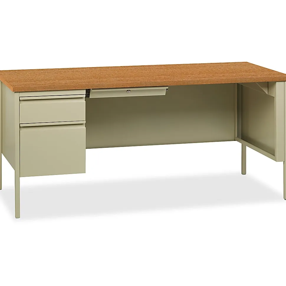 Lorell® Fortress 66"W Steel Pedestal Computer Desk, Left-Hand, Oak/Putty