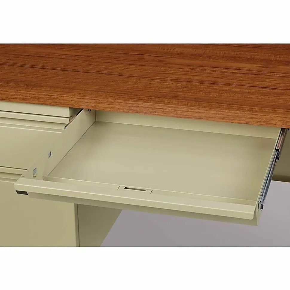 Lorell® Fortress 66"W Steel Pedestal Computer Desk, Left-Hand, Oak/Putty
