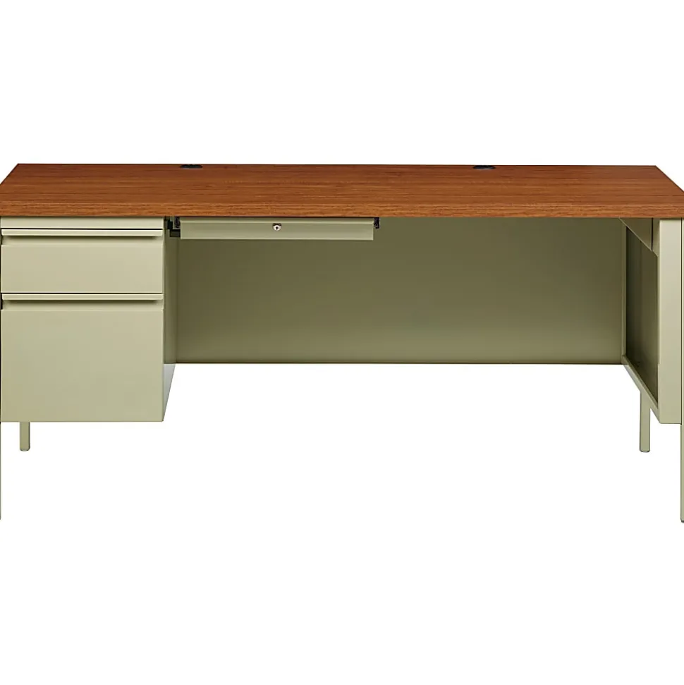 Lorell® Fortress 66"W Steel Pedestal Computer Desk, Left-Hand, Oak/Putty