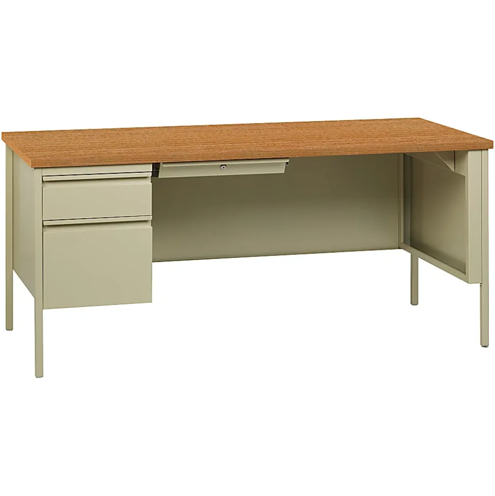 Lorell® Fortress 66"W Steel Pedestal Computer Desk, Left-Hand, Oak/Putty