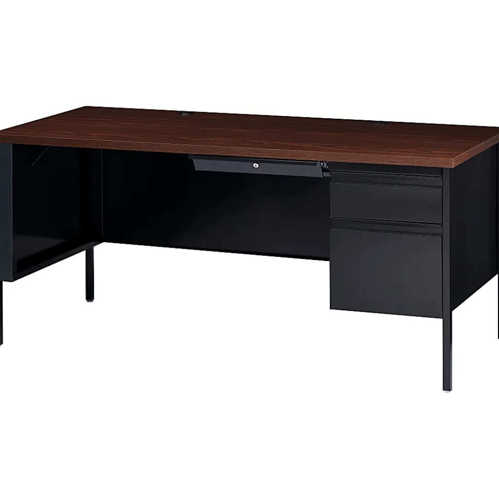Lorell® Fortress 66"W Steel Pedestal Computer Desk, Right, Black/Walnut