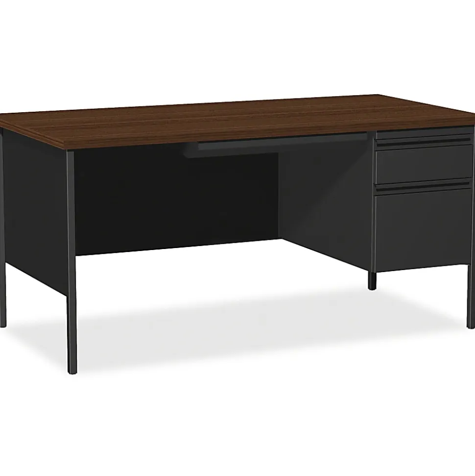 Lorell® Fortress 66"W Steel Pedestal Computer Desk, Right, Black/Walnut