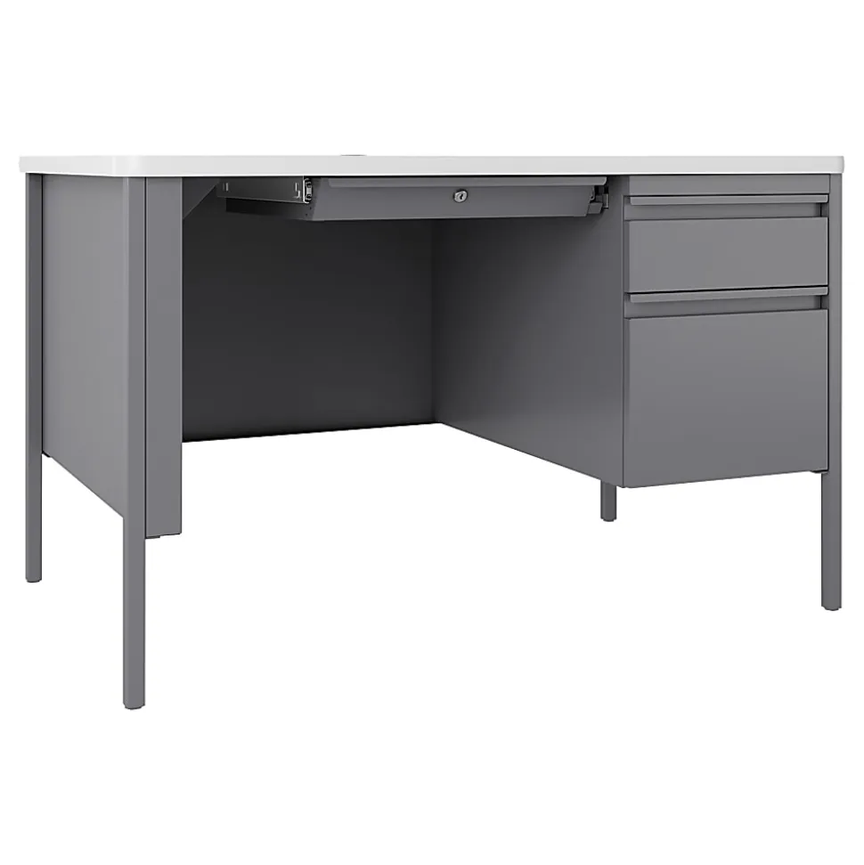Lorell® Fortress 48"W Steel Right-Pedestal Teacher's Computer Desk, Platinum/White