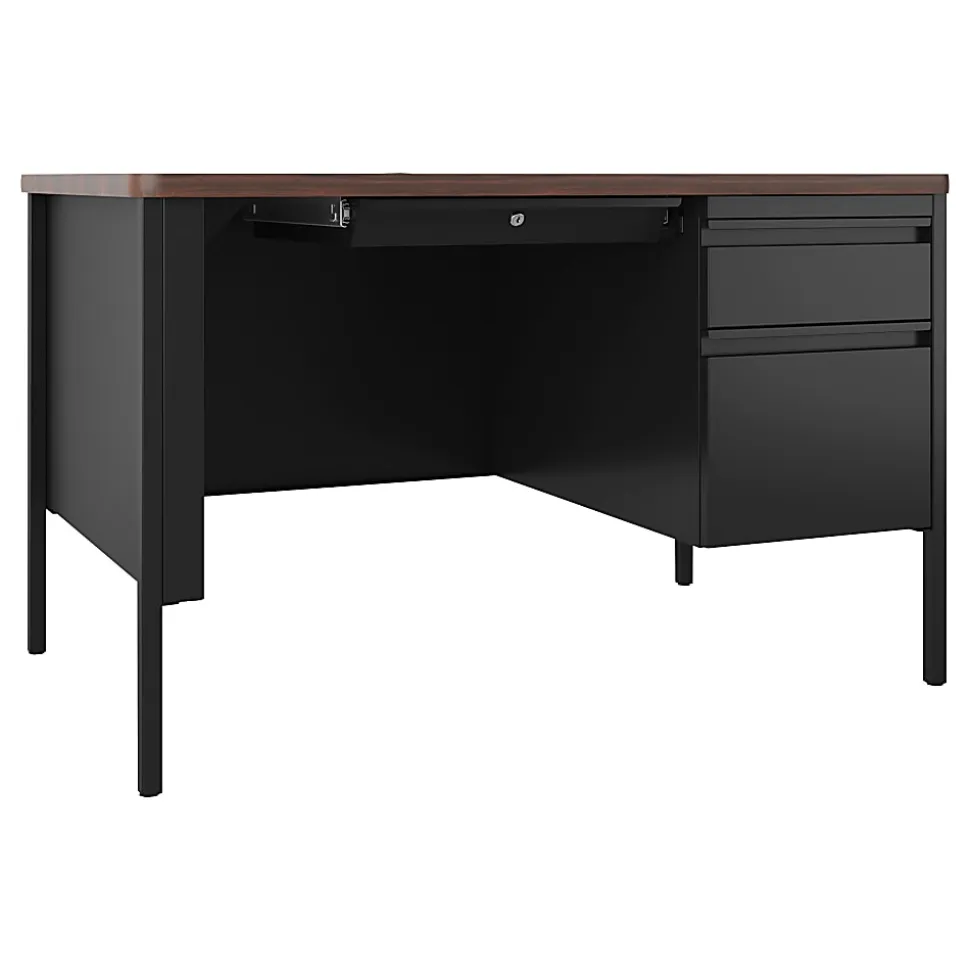 Lorell® Fortress 48"W Steel Right-Pedestal Teacher's Computer Desk, Black/Walnut
