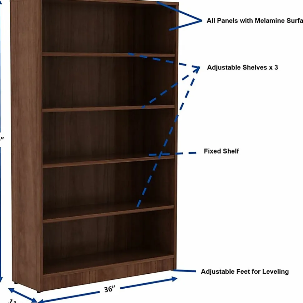 Lorell® 60"H 5-Shelf Bookcase, Walnut