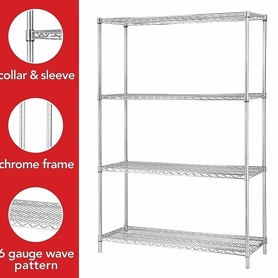 Lorell® Industrial Chrome Wire Shelving Starter Kit, 48" W x 18"D, Steel/Chrome
