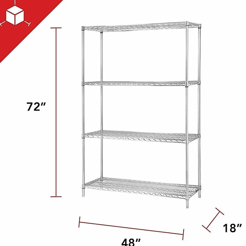Lorell® Industrial Chrome Wire Shelving Starter Kit, 48" W x 18"D, Steel/Chrome