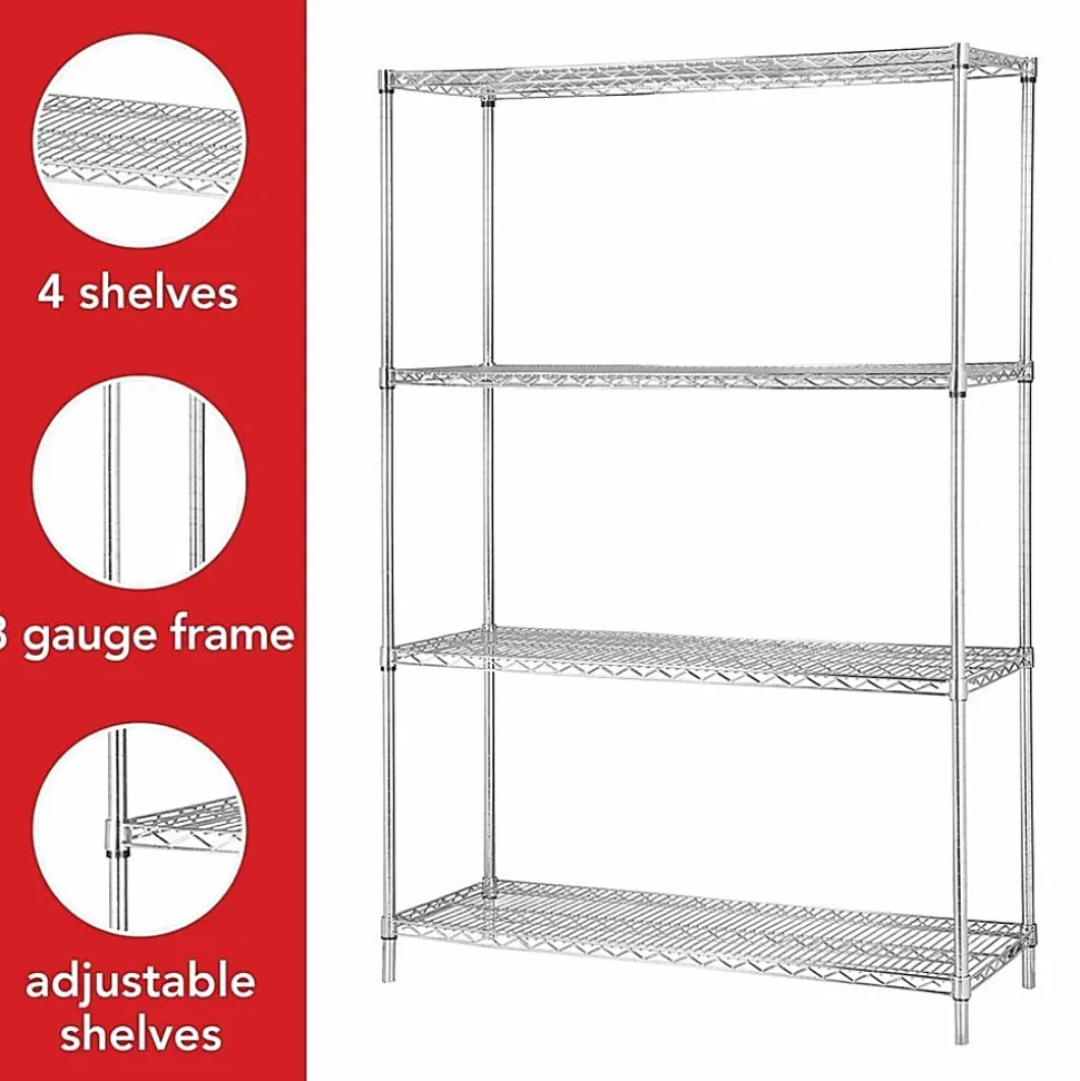 Lorell® Industrial Chrome Wire Shelving Starter Kit, 48" W x 18"D, Steel/Chrome