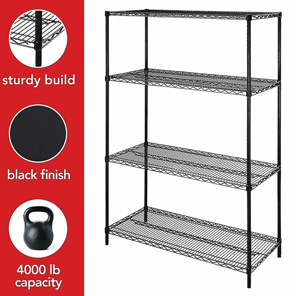 Lorell® Industrial Wire Shelving Starter Unit, 48"W x 18"D, Black