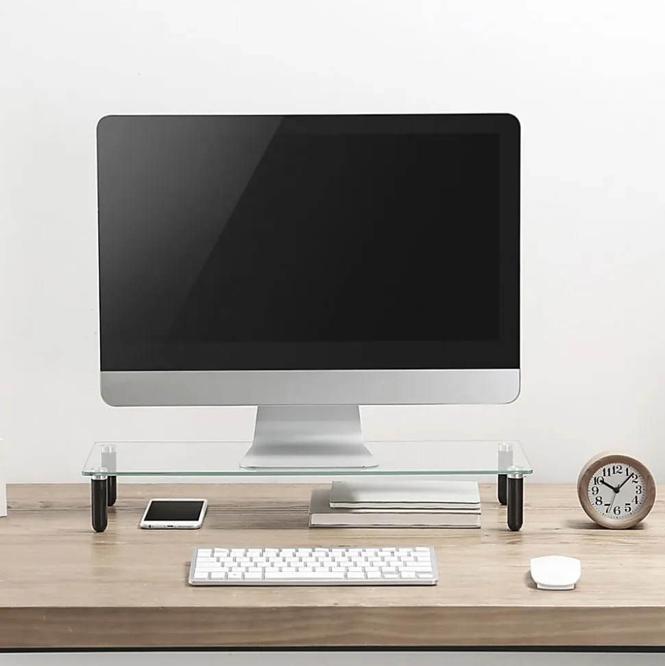Lorell 4-leg Single-Shelf Monitor Stand, 44 lb Load Capacity, 1 x Shelf(ves), 3"H x 22"W x 8.25"D, Desktop, Glass, Clear, Black