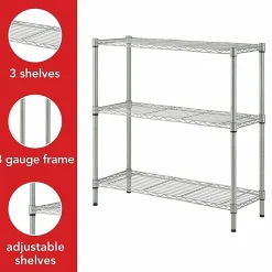 Lorell Light-Duty Wire Shelving, 3 Tier(s), 36"H x 36"W x 14"DFloor, Sturdy, Epoxy, Silver, Plastic, Metal, Steel