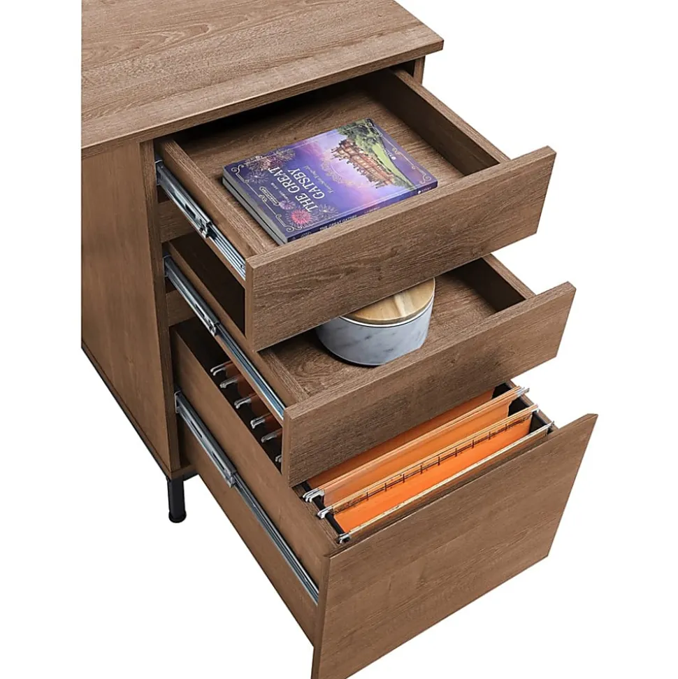 Lorell SOHO Desk with Side Drawers, 30"H x 55"W x 23.6"D, 3 x File Drawer(s), Single Pedestal on Right Side, Walnut