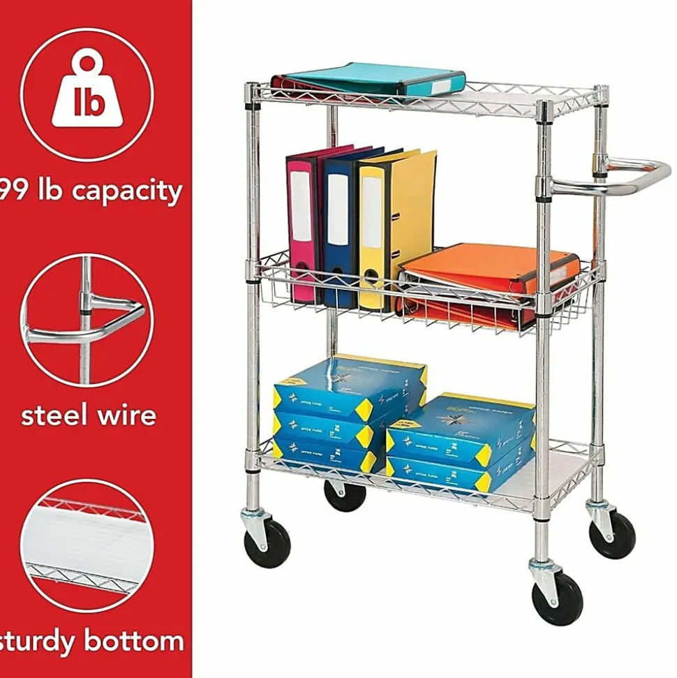 Lorell® 3-Tier Steel Rolling Cart, 16"W x 26"D x 40"H, Chrome