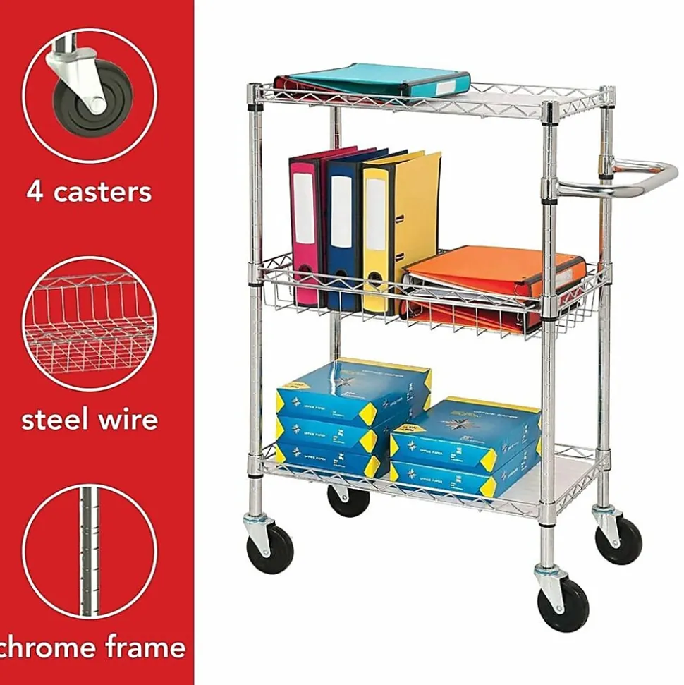 Lorell® 3-Tier Steel Rolling Cart, 16"W x 26"D x 40"H, Chrome