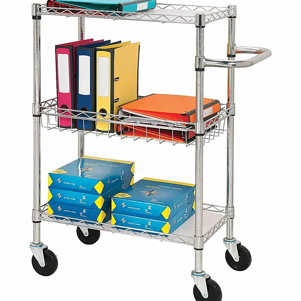 Lorell® 3-Tier Steel Rolling Cart, 16"W x 26"D x 40"H, Chrome