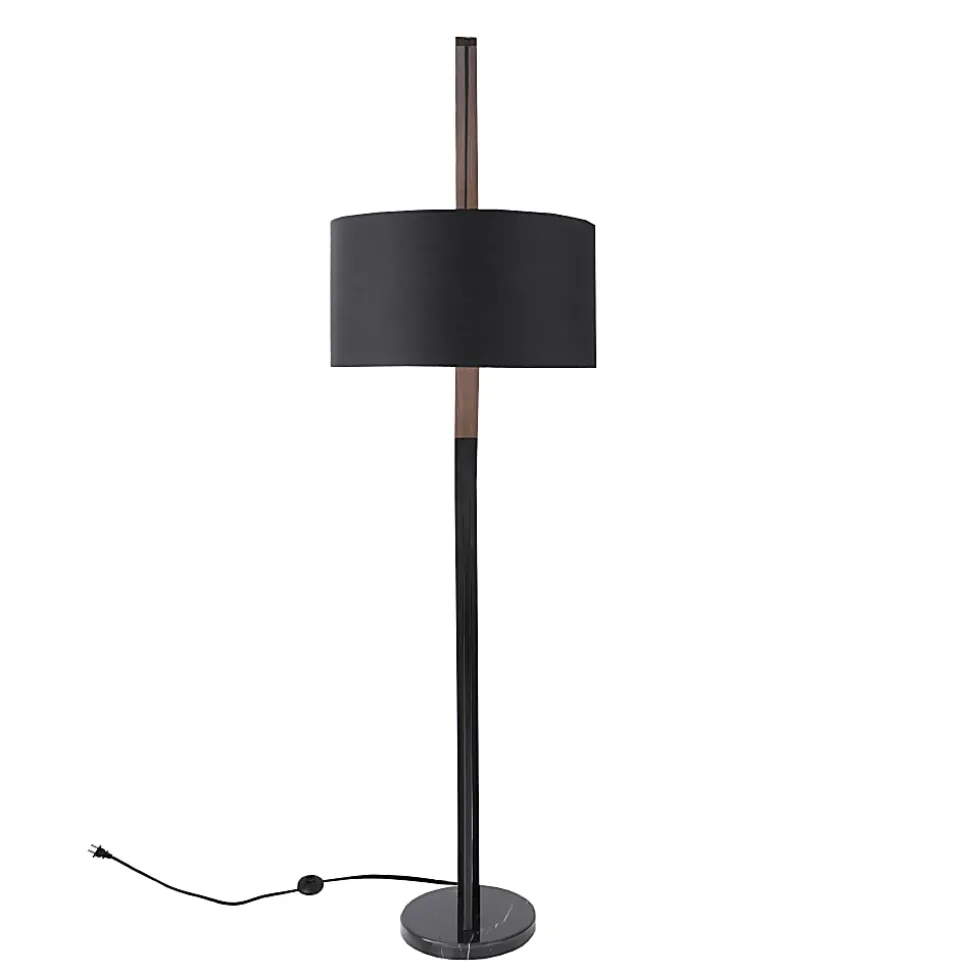 Lumisource Noah Mid-Century Modern Floor Lamp, Black Shade/Walnut & Black Marble Base