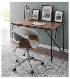LumiSource Vintage Mod Mid-Century Modern Mid-Back Chair, Light Gray/Walnut/Chrome