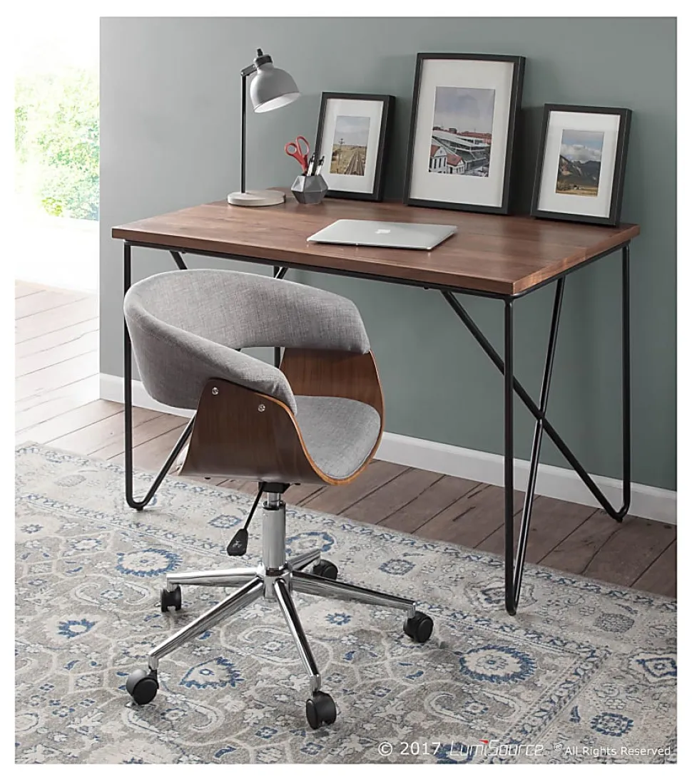 LumiSource Vintage Mod Mid-Century Modern Mid-Back Chair, Light Gray/Walnut/Chrome