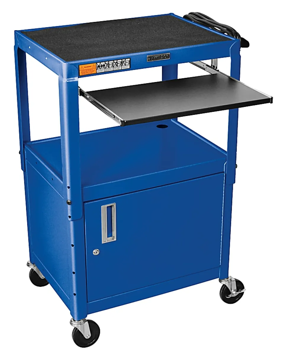 Luxor Adjustable Height Cart, With Cabinet/Pullout Tray, 16 5/8"H x 24"W x 17 1/2"D, Blue
