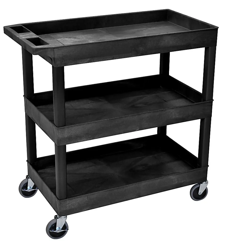 Luxor E-Series 3-Tub Plastic Utility Cart, 36 1/4"H x 35 1/4"W x 18"D, Black