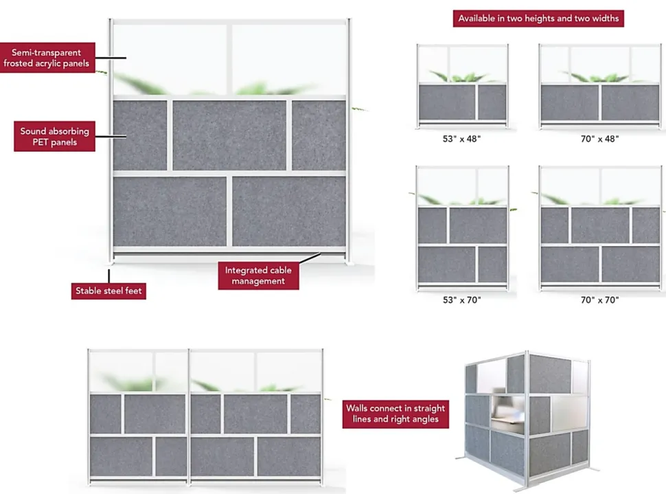 Luxor Modular Room Divider Wall System Add-On, 53" x 70", Gray
