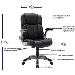 LYS NuSparc Flip Armrest Mid Back Leather Chair, Black/Silver