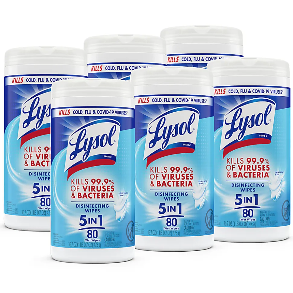 Lysol Disinfecting Wipes - Crisp Linen Scent - 7" x 7.25" - 80 / Canister - 6 / Carton - White