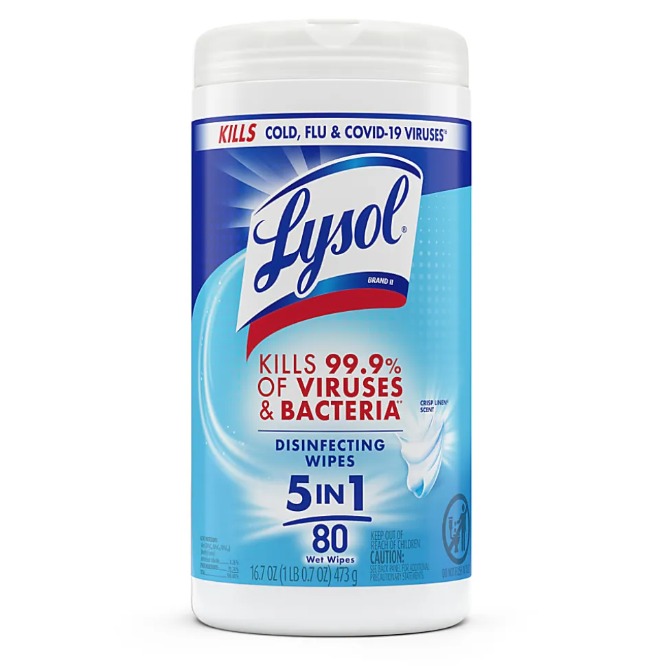 Lysol® Disinfecting Wipes, Crisp Linen Scent, 7" x 7.25", Canister Of 80