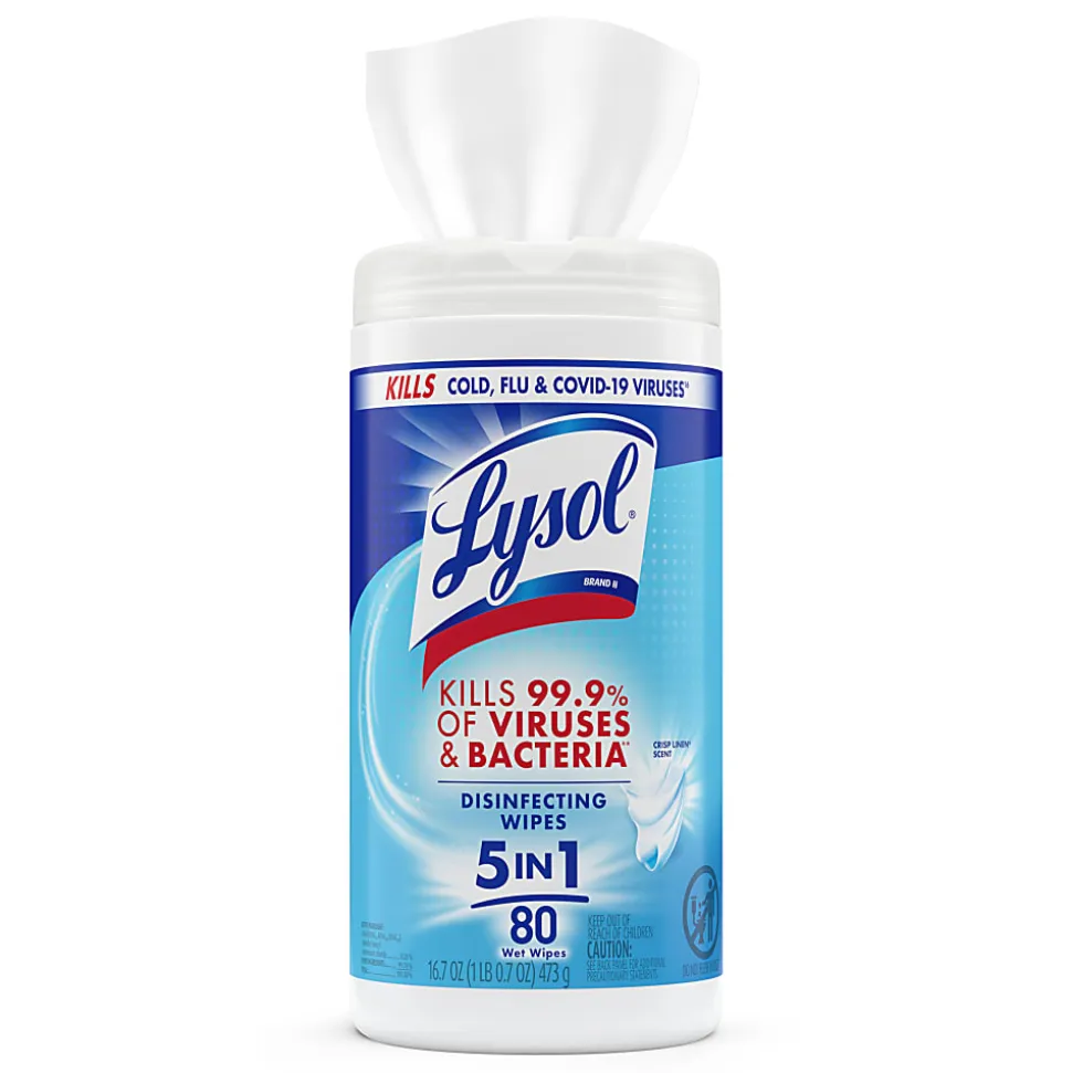 Lysol® Disinfecting Wipes, Crisp Linen Scent, 7" x 7.25", Canister Of 80