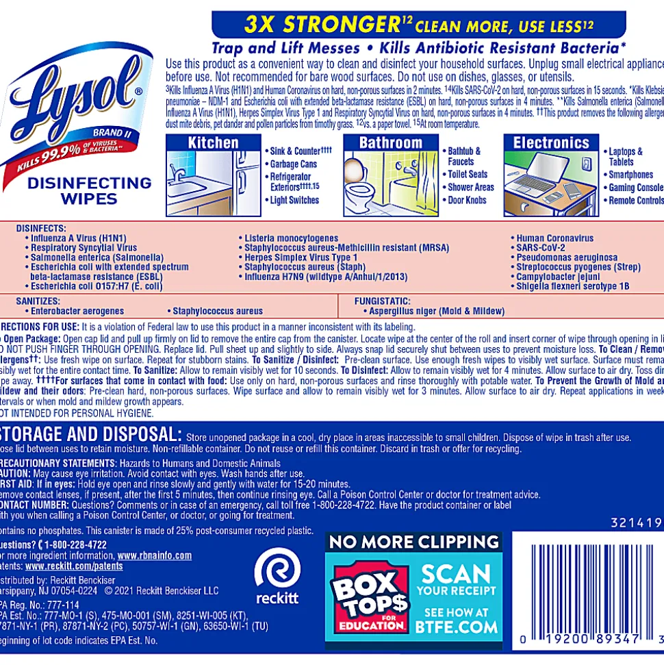 Lysol® Disinfecting Wipes, Early Morning Breeze Scent, 7" x 7.25", Canister Of 80