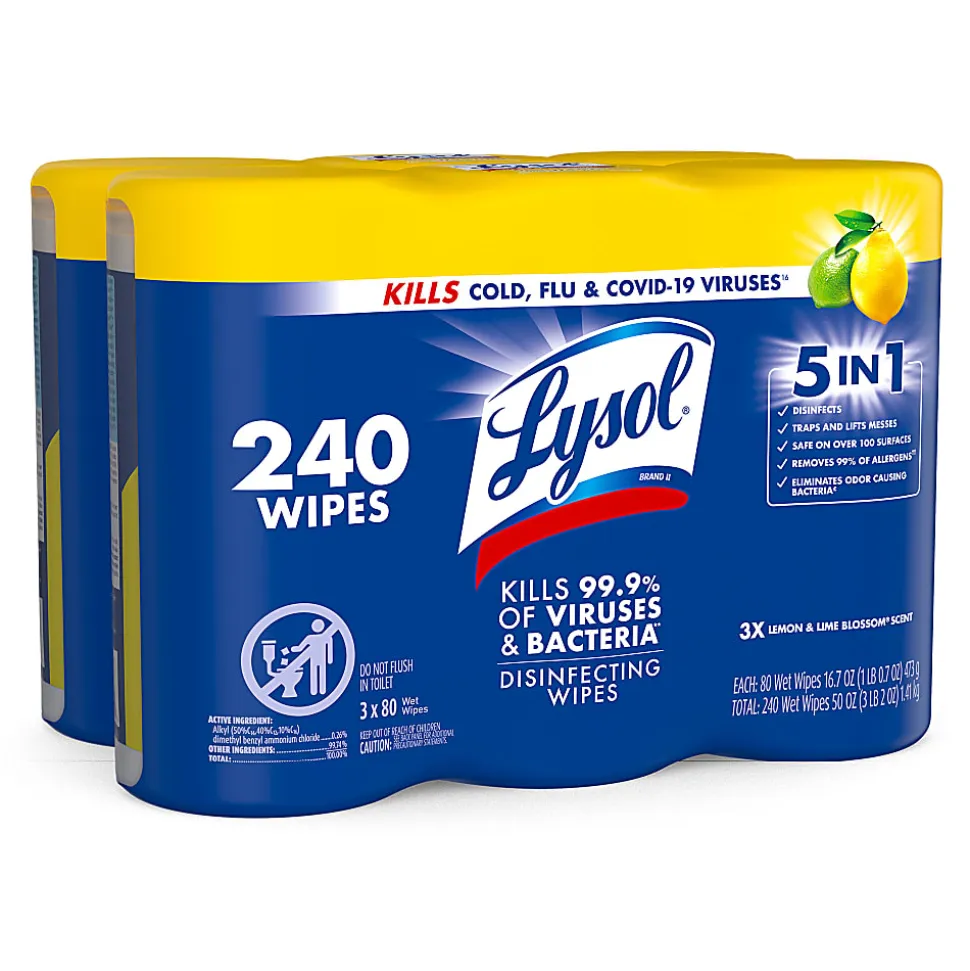 Lysol® Disinfecting Wipes, Lemon Lime Blossom Scent, 80 Wipes Per Canister, Carton Of 6 Canisters