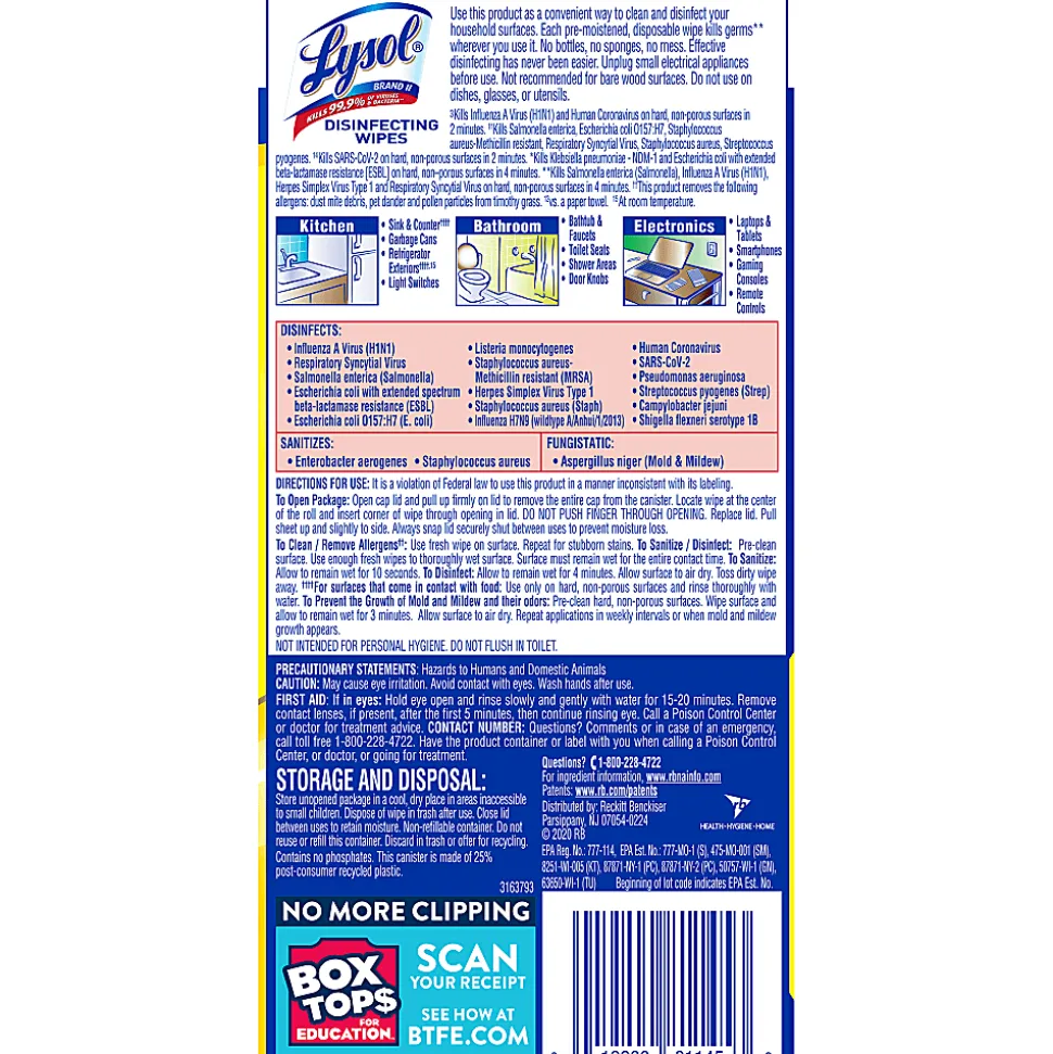 Lysol® Disinfecting Wipes, Lemon & Lime Blossom® Scent, 7" x 7.25", 35 Wipes Per Canister, Case Of 12