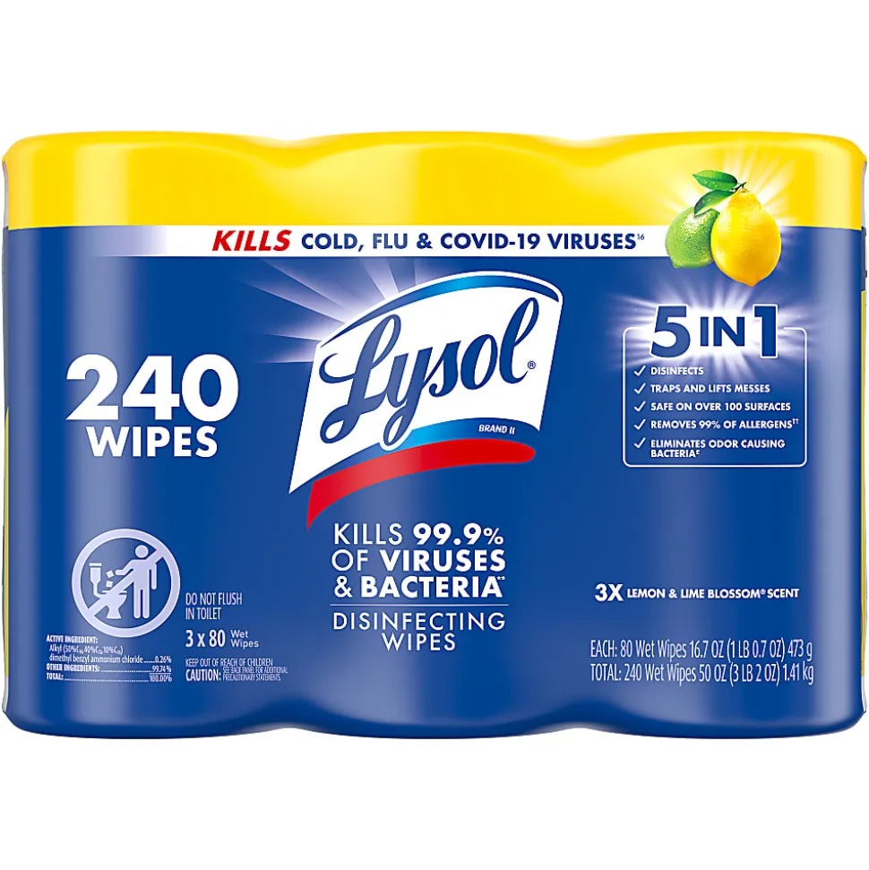 Lysol® Disinfecting Wipes, Lemon & Lime Blossom® Scent, 7" x 7.25", 80 Wipes Per Canister, Case Of 3 Canisters