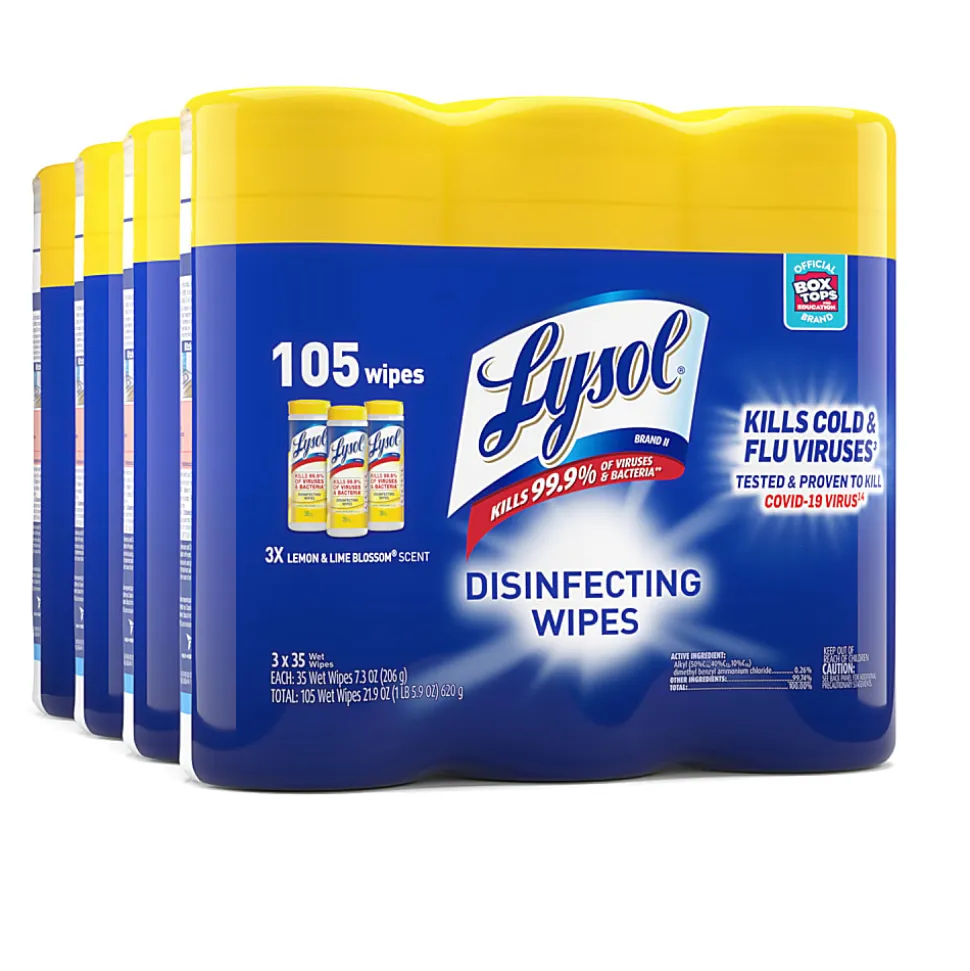 Lysol® Disinfecting Wipes, 7" x 7.25", Lemon Scent, 35 Wipes Per Canister, Carton Of 12 Canisters