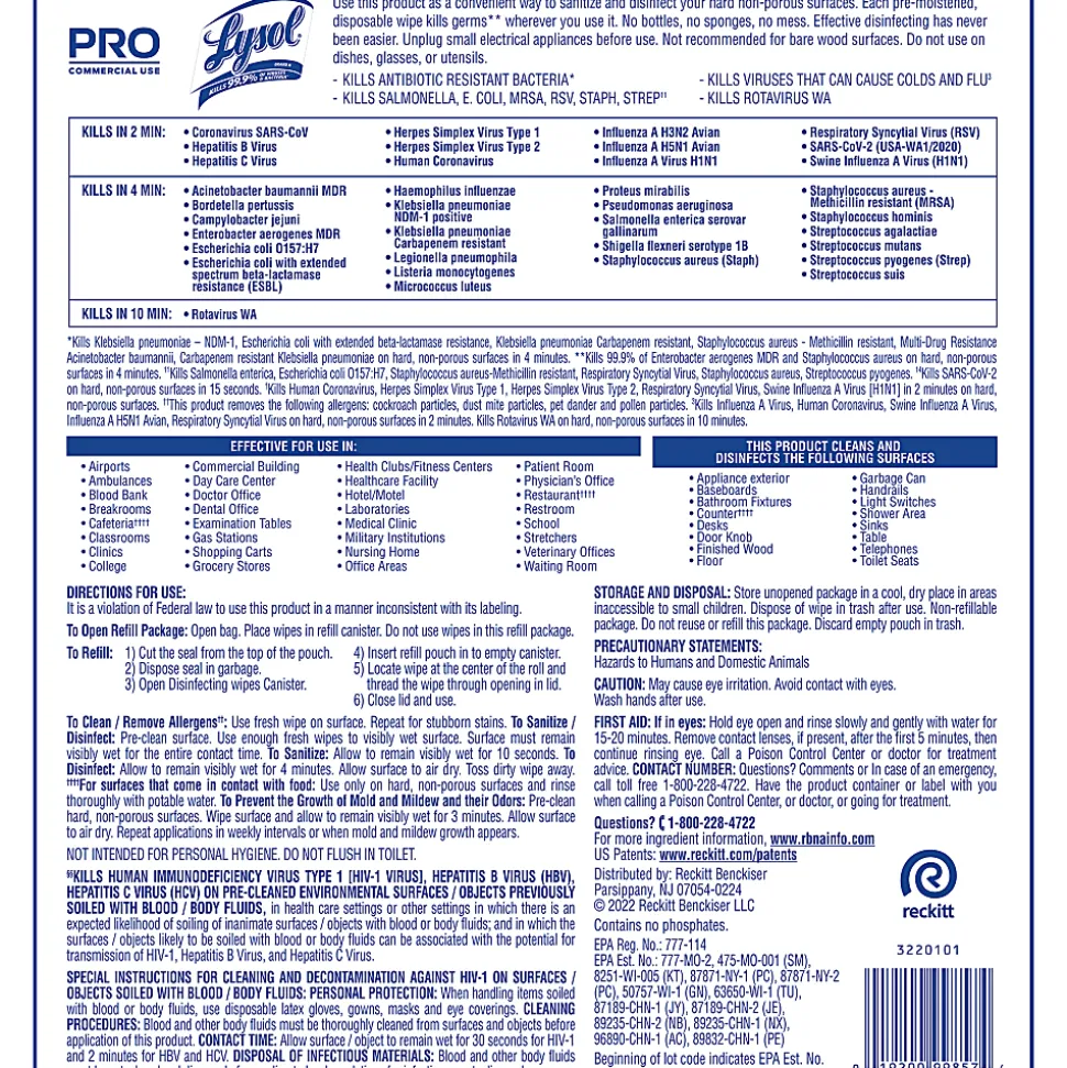 Lysol Professional Disinfecting Wipes Bucket Refill - Ready-To-Use Wipe - Lemon & Lime Blossom Scent - 800 Each - White