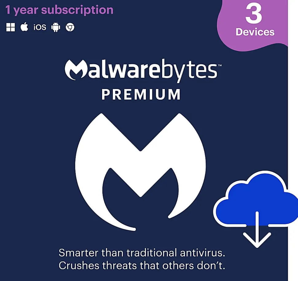 Malwarebytes Premium, For 3 Devices, 1-Year Subscription, For Windows®/Mac/Android, Download