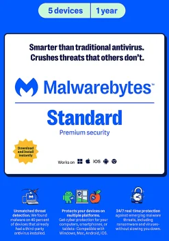 Malwarebytes Standard, Premium Security 5-Device, 1 Year