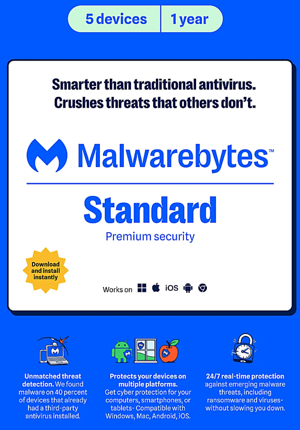 Malwarebytes Standard, Premium Security 5-Device, 1 Year