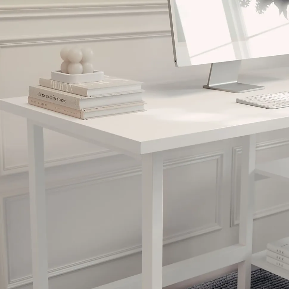 Martha Stewart Beckett 47.5"W Home Office Trestle Computer Desk With Shelves, White Wood Grain