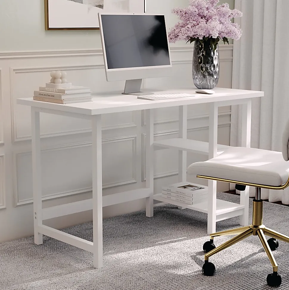 Martha Stewart Beckett 47.5"W Home Office Trestle Computer Desk With Shelves, White Wood Grain